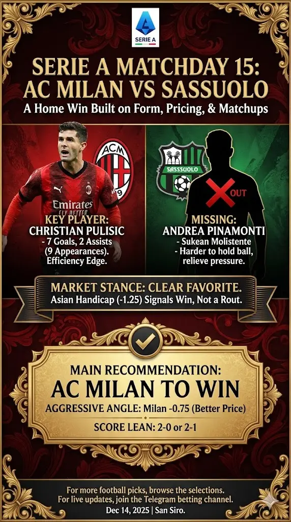 Serie A AC Milan vs Sassuolo A home win built on form, pricing, and matchups